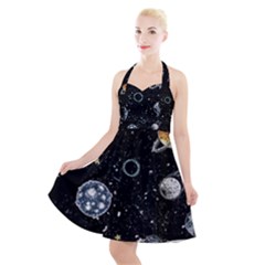 Glittering Planets Space Galaxy Glitter Black Halter Party Swing Dress  by Perong