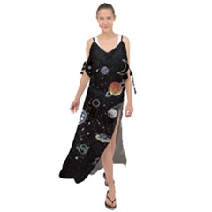 Glittering Planets Space Galaxy Glitter Black Maxi Chiffon Cover Up Dress by Perong