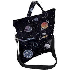 Glittering Planets Space Galaxy Glitter Black Fold Over Handle Tote Bag by Perong