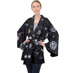 Glittering Planets Space Galaxy Glitter Black Long Sleeve Velvet Kimono  by Perong