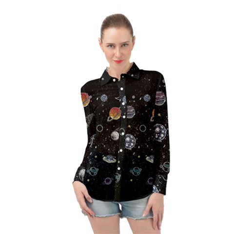 Glittering Planets Space Galaxy Glitter Black Long Sleeve Chiffon Shirt by Perong