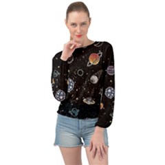 Glittering Planets Space Galaxy Glitter Black Banded Bottom Chiffon Top