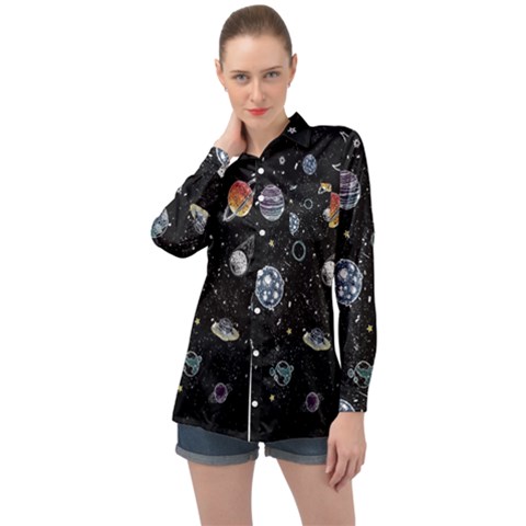 Glittering Planets Space Galaxy Glitter Black Long Sleeve Satin Shirt by Perong