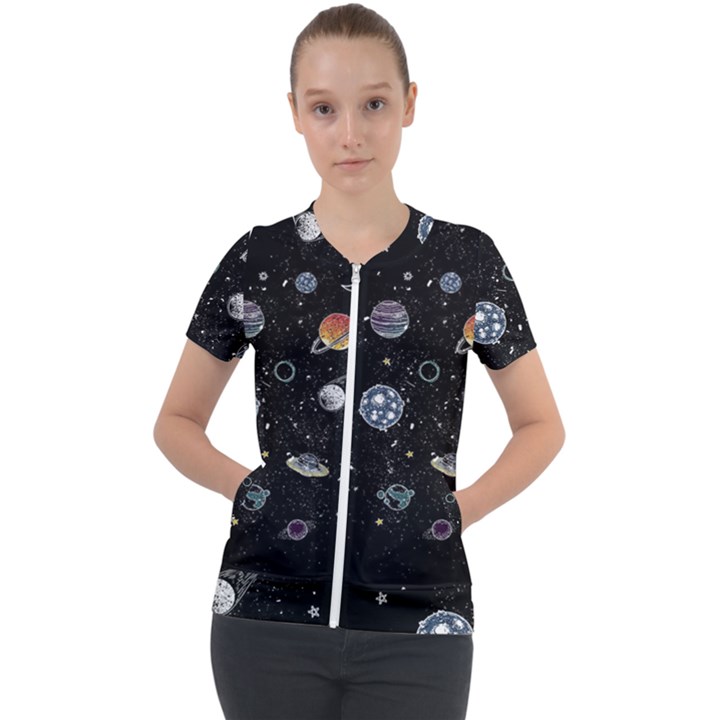 Glittering Planets Space Galaxy Glitter Black Short Sleeve Zip Up Jacket