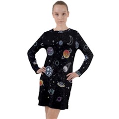 Glittering Planets Space Galaxy Glitter Black Long Sleeve Hoodie Dress