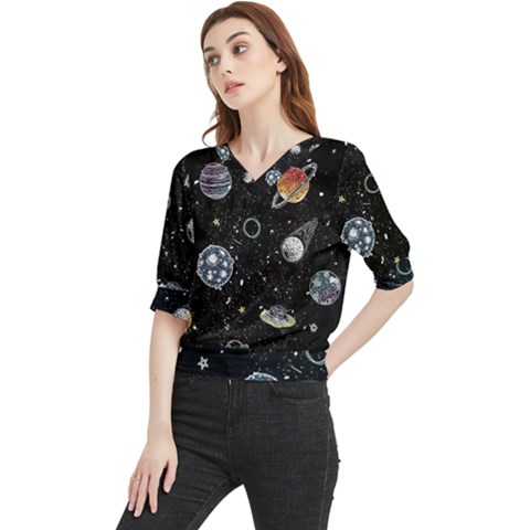 Glittering Planets Space Galaxy Glitter Black Quarter Sleeve Blouse by Perong