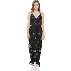 Glittering Planets Space Galaxy Glitter Black Sleeveless Tie Ankle Chiffon Jumpsuit by Perong