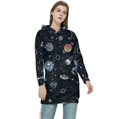 Glittering Planets Space Galaxy Glitter Black Women s Long Oversized Pullover Hoodie