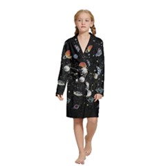 Glittering Planets Space Galaxy Glitter Black Kids  Long Sleeve Velvet Lounge Robe