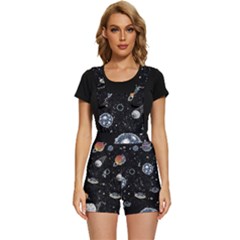 Glittering Planets Space Galaxy Glitter Black Short Overalls by Perong