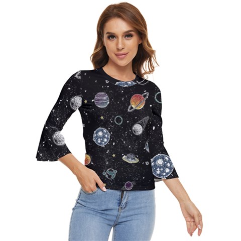 Glittering Planets Space Galaxy Glitter Black Bell Sleeve Top by Perong