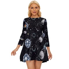 Glittering Planets Space Galaxy Glitter Black Long Sleeve Babydoll Dress by Perong