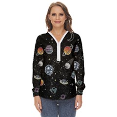 Glittering Planets Space Galaxy Glitter Black Zip Up Long Sleeve Blouse