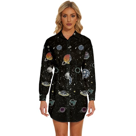 Glittering Planets Space Galaxy Glitter Black Womens Long Sleeve Shirt Dress by Perong