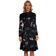 Glittering Planets Space Galaxy Glitter Black Long Sleeve Shirt Collar A-line Dress by Perong