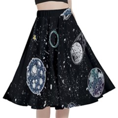 Glittering Planets Space Galaxy Glitter Black A-line Full Circle Midi Skirt With Pocket by Perong