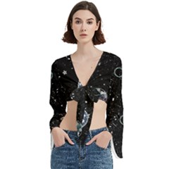 Glittering Planets Space Galaxy Glitter Black Trumpet Sleeve Cropped Top