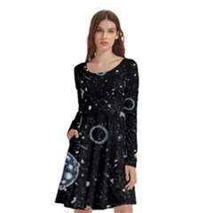 Glittering Planets Space Galaxy Glitter Black Long Sleeve Knee Length Skater Dress With Pockets by Perong