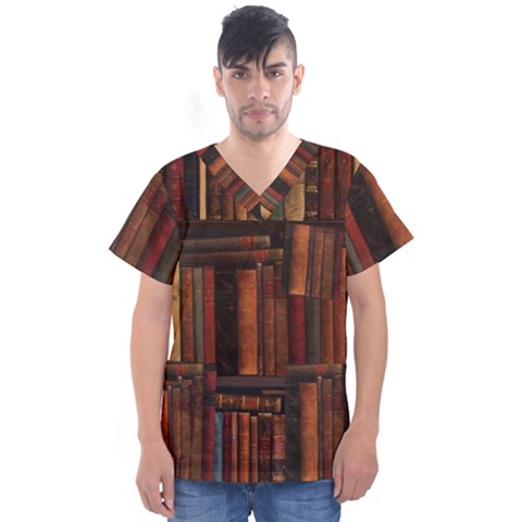 Old Books Vintage Office Antique Library Men s V-neck Scrub Top by Perong