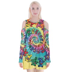 Tie Dye Grateful Dead Bears Velvet Long Sleeve Shoulder Cutout Dress