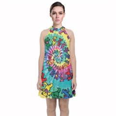 Tie Dye Grateful Dead Bears Velvet Halter Neckline Dress 