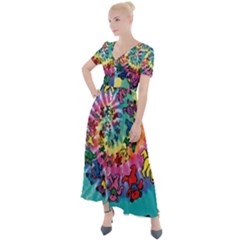 Tie Dye Grateful Dead Bears Button Up Short Sleeve Maxi Dress by Perong