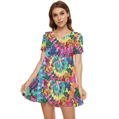 Tie Dye Grateful Dead Bears Tiered Short Sleeve Babydoll Dress by Perong