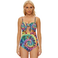 Tie Dye Grateful Dead Bears Knot Front One-piece Swimsuit by Perong