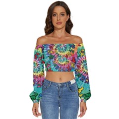 Tie Dye Grateful Dead Bears Long Sleeve Crinkled Weave Crop Top by Perong