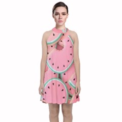 Aesthetic Cute Kawaii Watermelon Velvet Halter Neckline Dress 