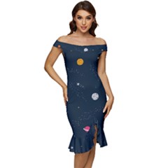 Space Nasa Galaxy Off Shoulder Ruffle Split Hem Bodycon Dress by Perong