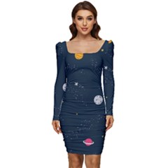 Space Nasa Galaxy Women Long Sleeve Ruched Stretch Jersey Dress by Perong