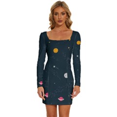 Space Nasa Galaxy Long Sleeve Square Neck Bodycon Velvet Dress by Perong