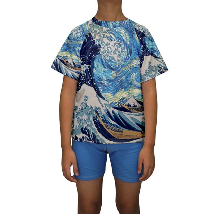 The Great Wave Of Kanagawa Painting Kids  Short Sleeve Swimwear