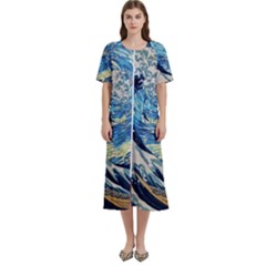 The Great Wave Of Kanagawa Painting Women s Cotton Short Sleeve Nightgown by Perong