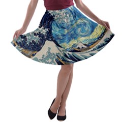 The Great Wave Of Kanagawa Painting A-line Skater Skirt by Perong