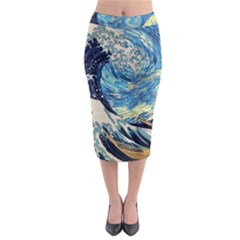 The Great Wave Of Kanagawa Painting Midi Pencil Skirt by Perong