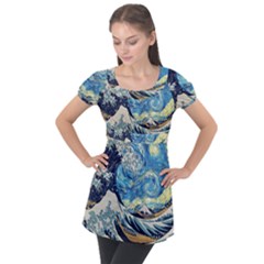 The Great Wave Of Kanagawa Painting Puff Sleeve Tunic Top by Perong