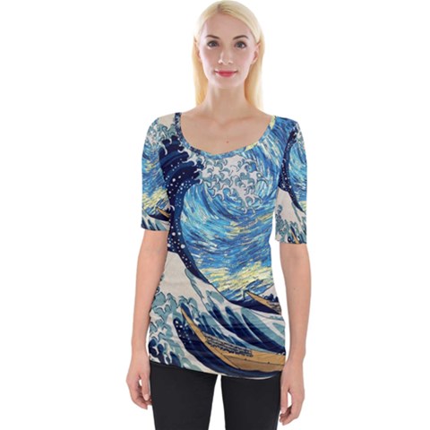 The Great Wave Of Kanagawa Painting Wide Neckline T-shirt by Perong