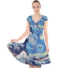 The Great Wave Of Kanagawa Painting Cap Sleeve Front Wrap Midi Dress by Perong