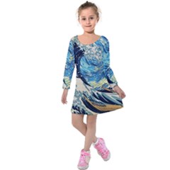 The Great Wave Of Kanagawa Painting Kids  Long Sleeve Velvet Dress