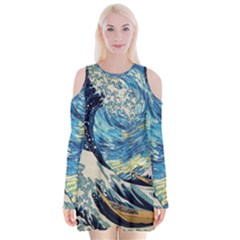 The Great Wave Of Kanagawa Painting Velvet Long Sleeve Shoulder Cutout Dress