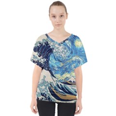 The Great Wave Of Kanagawa Painting V-neck Dolman Drape Top by Perong