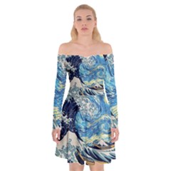 The Great Wave Of Kanagawa Painting Off Shoulder Skater Dress by Perong