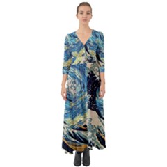 The Great Wave Of Kanagawa Painting Button Up Boho Maxi Dress