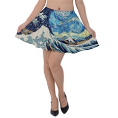 The Great Wave Of Kanagawa Painting Velvet Skater Skirt