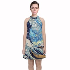 The Great Wave Of Kanagawa Painting Velvet Halter Neckline Dress 