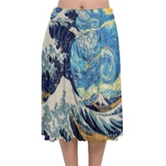 The Great Wave Of Kanagawa Painting Velvet Flared Midi Skirt