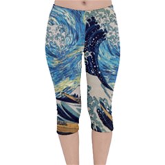 The Great Wave Of Kanagawa Painting Velvet Capri Leggings  by Perong