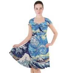 The Great Wave Of Kanagawa Painting Cap Sleeve Midi Dress With Pockets by Perong